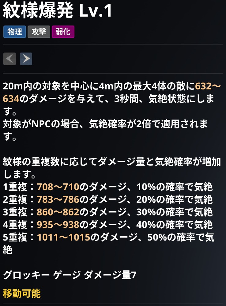 AION2 グローバル版のスキル画面。紋様爆発 Lv.1 の説明