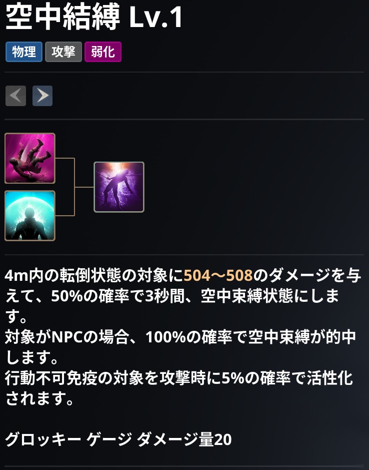 AION2 グローバル版のスキル画面。空中結縛 Lv.1 の説明