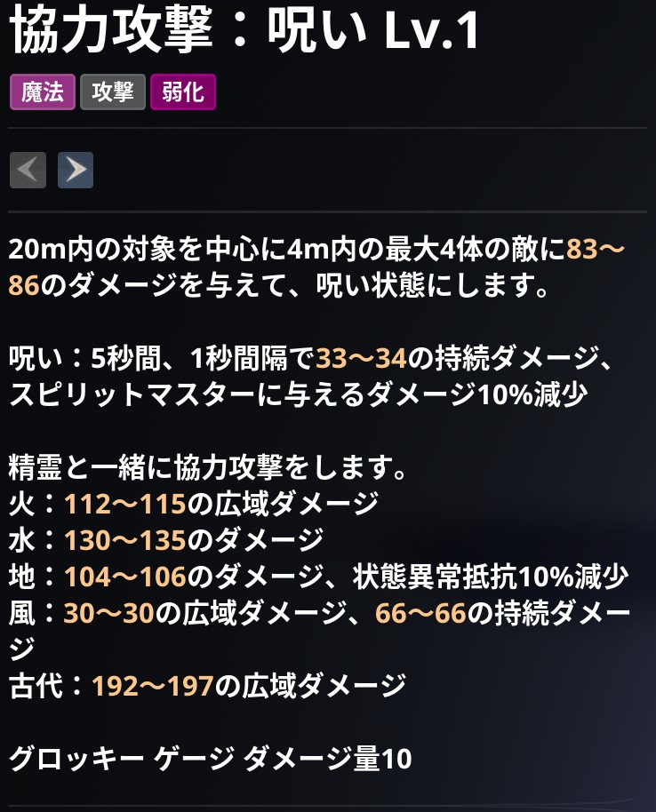 AION2 グローバル版のスキル画面。協力攻撃：呪い Lv.1 の説明