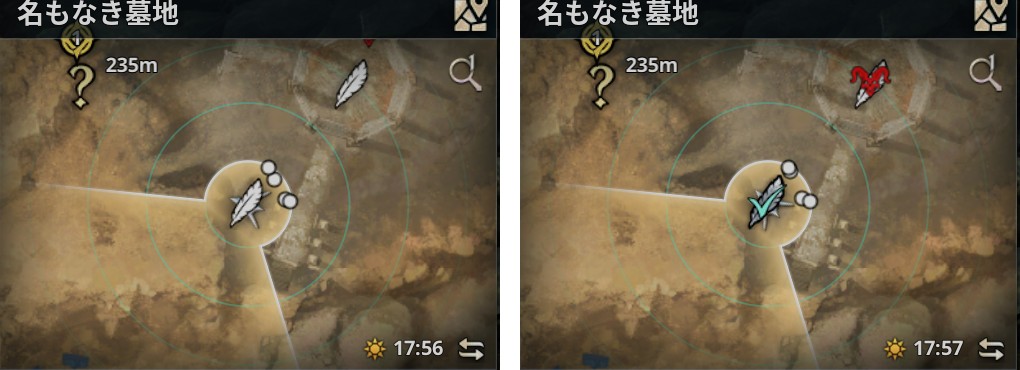 回収前(左)と回収後(右)のミニマップ。回収した羽のアイコンに水色のチェックが付いている